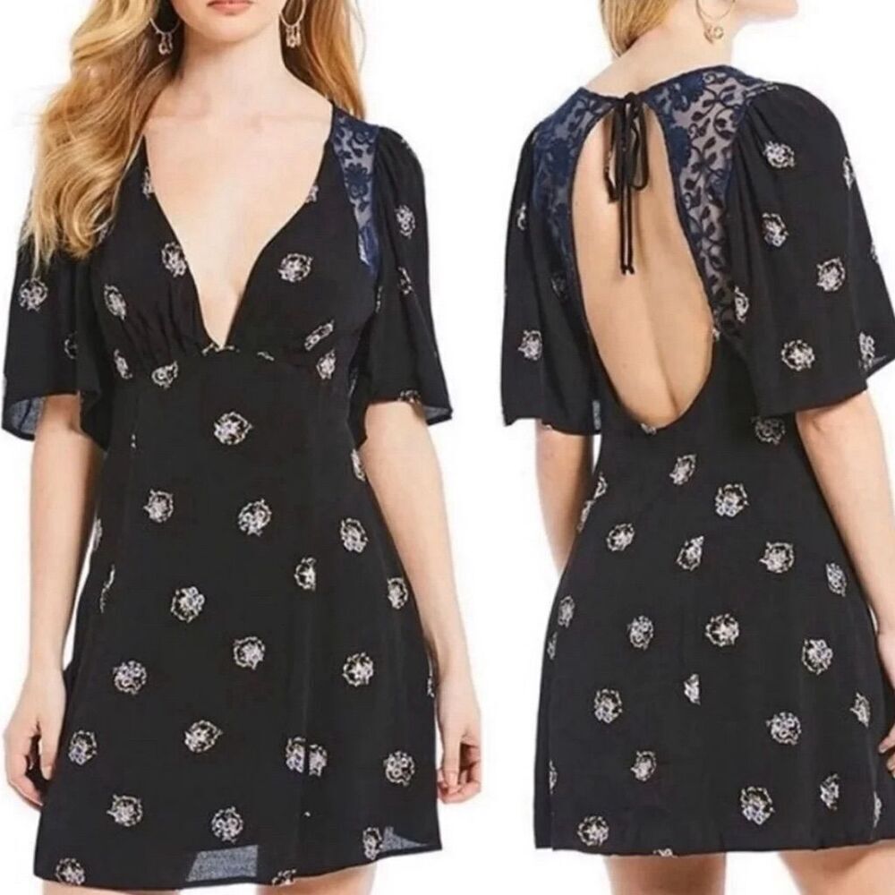 Free People Women's Mockingbird Mini Dress Black Floral Size 0